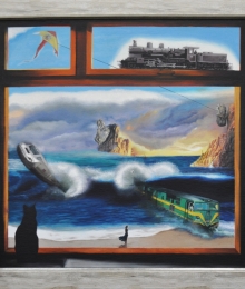 óleo sobre lienzo de Nadir. título:Trenes de agua 60x60 cm